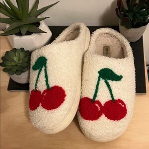 Fuzzy Slippers with Cherry Motif
